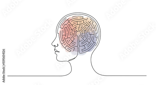 Labyrinth inside woman’s head – symbolizing inner complexity, introspection and search for self — one line doodle drawing with watercolor fill, minimalistic vector illustration on white

