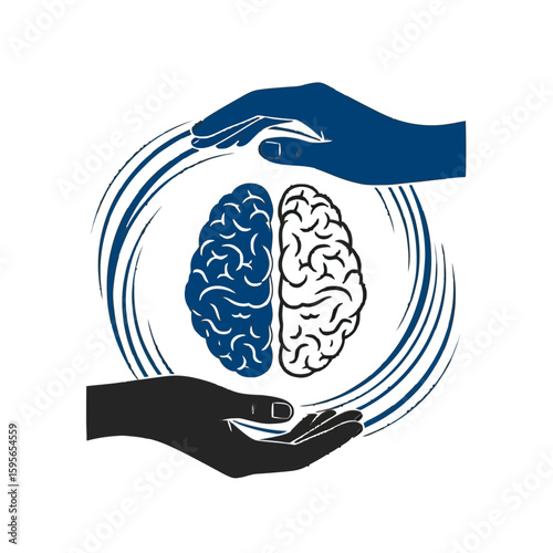 Protective hands cradle a divided brain within a swirling energy circle, symbolizing mental health care.