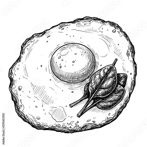 Egg with spinach on a plate in black and white sketch style  