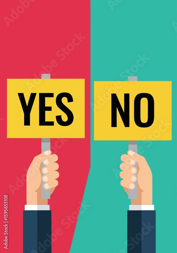 Two hands holding opposing signs, "yes" and "no," against a red and teal background.
