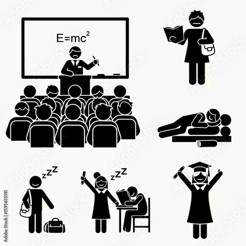 Various stick figures depicting educational activities, including a classroom setting.