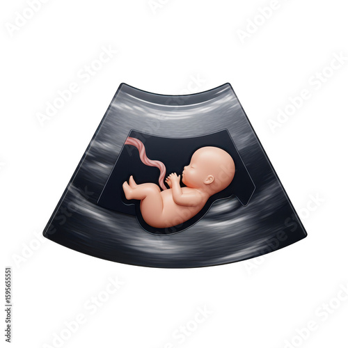 3d icon of an ultrasound image displaying a fetus with an umbilical cord, representing pregnancy, prenatal care, and the beginning of life isolated on transparent background