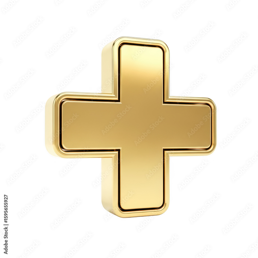 Fototapeta premium 3d icon of a gleaming golden plus sign, symbolizing health and medical care, is isolated on a clean transparent background