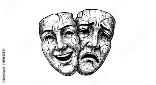 Two cracked masks, one sad and one happy — symbolizing Gestalt psychology, vintage hand‑drawn black and white sketch illustration, abstract design element

