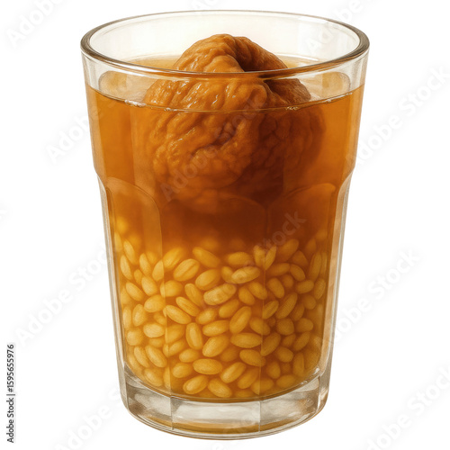 Refreshing glass of Mote con huesillo drink with dried peach and wheat, a traditional Chilean beverage