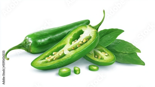 Fresh Green JalapeÃ±o Peppers with Seeds, Slices, and Green Leaves on White Background