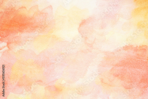 Yellow gold orange coral peach pink lilac purple white abstract watercolor water. Art background. Pastel soft light pale shade. Colorful multicolor spot splash. Sunset sky cloud sun sunny. Design.