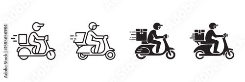 Set of food delivery boy on motorbike icon showing free shipping in  outline and silhouette vector illustration 