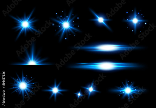 Set of blue light effect elements for design with shining star, sunburst, flare, spark and lens. Abstract glow background.