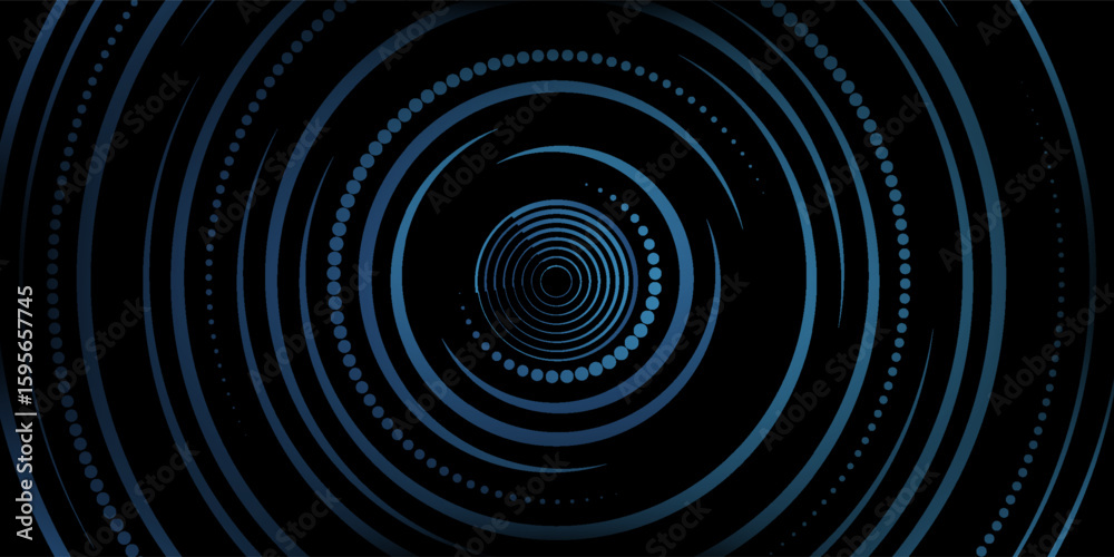 Fototapeta premium Blue abstract background with glowing circles. Swirl circular lines pattern. Geometric spiral. Twirl element. Modern graphic design. Futuristic technology concept.