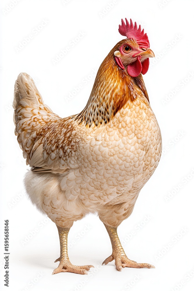 Fototapeta premium Poultry perfection portrait showcasing a proud brown and white Chicken against a white backdrop