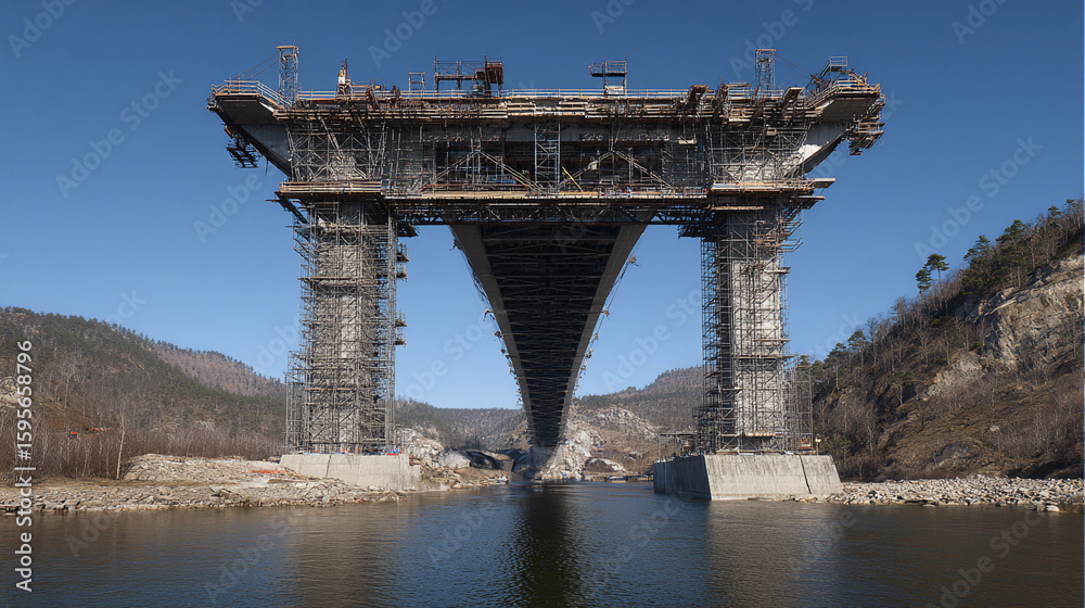 Fototapeta premium New bridge construction over river with scaffolding in clear sky