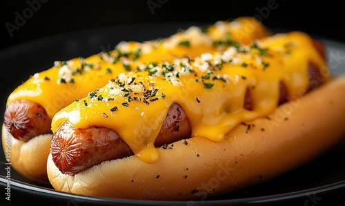 Cheese dog delight a culinary dream two delicious hot dogs with melted cheese on a dark plate