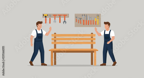 Two workers in overalls build a wooden bench in a workshop with tools hanging on the wall.