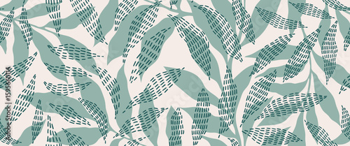 Abstract art vintage colors tropical line art leaves seamless background vector. Wallpaper design with leaves shapes and scribble doodle linear leaf. vintage botanical floral seamless pattern