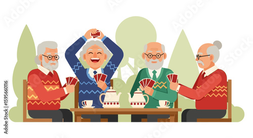 Four senior citizens playing cards together outdoors, enjoying a game of cards.