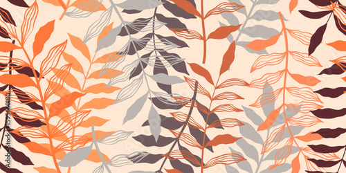 Abstract art vintage colors tropical line art leaves seamless background vector. Wallpaper design with leaves shapes and scribble doodle linear leaf. vintage botanical floral seamless pattern