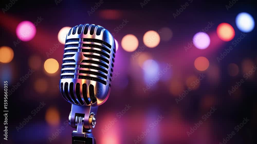 Vintage microphone on stage, colorful concert lights, live performance setting, retro audio equipment, music show atmosphere, vocal spotlight, entertainment venue, artistic expression