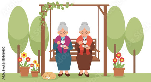 Celebrating National Friendship Day A Heartwarming Scene of Elderly Ladies Enjoying Tea in a Tranquil Garden Setting