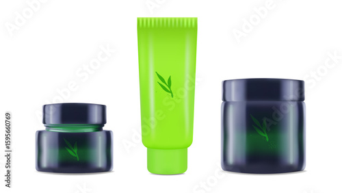 Realistic jar and tube for cream shampoo. Color green. For advertising presentation and website. Layout poster packaging concept beauty blog online store. Vector illustration.