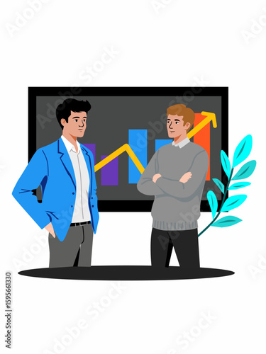 Businessmen discussing growth chart with upward trend