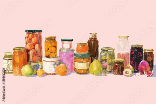 Variety of Fruit Preserves and Jams in Glass Jars with Fresh Fruit Arrangement