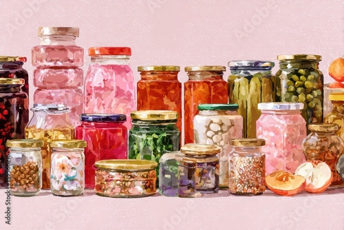 Watercolor Illustration of Varied Pickled Vegetables, Fruits, and Preserves in Jars on Pink Background