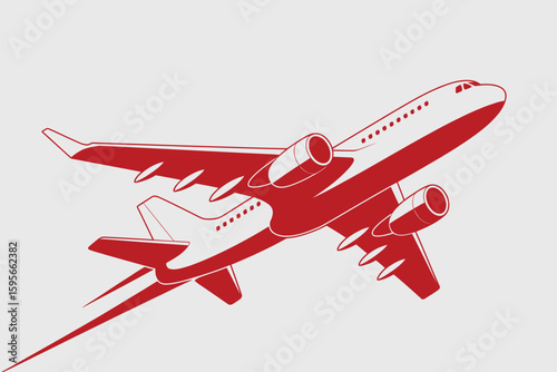 A red and white airplane is shown in flight against a light background with its wings slightly tilted