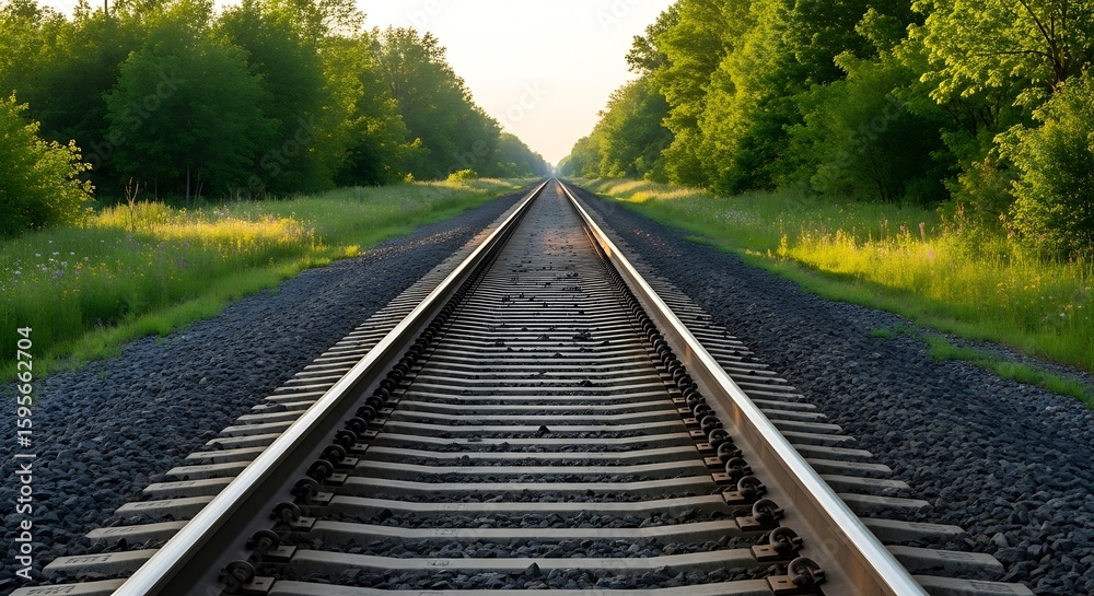 Fototapeta premium Straight railroad tracks stretching through a green forest landscape perspective with journey