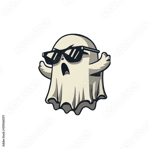 A cool cartoon ghost with open arms and dark sunglasses strikes a fun pose, mixing spooky charm with confident attitude in a playful and stylish design.