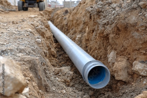 Wallpaper Mural Gray pipe in trench laid within dirt walls leading away from camera construction vehicle in background Torontodigital.ca