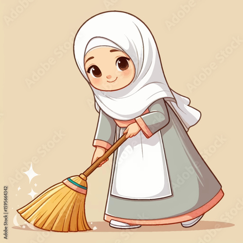 Illustration of Child Female Muslim is Sweeping the Floor