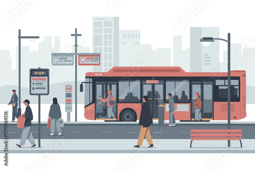 A bus stopping at a bus stop with people waiting and getting on in a city with tall buildings back