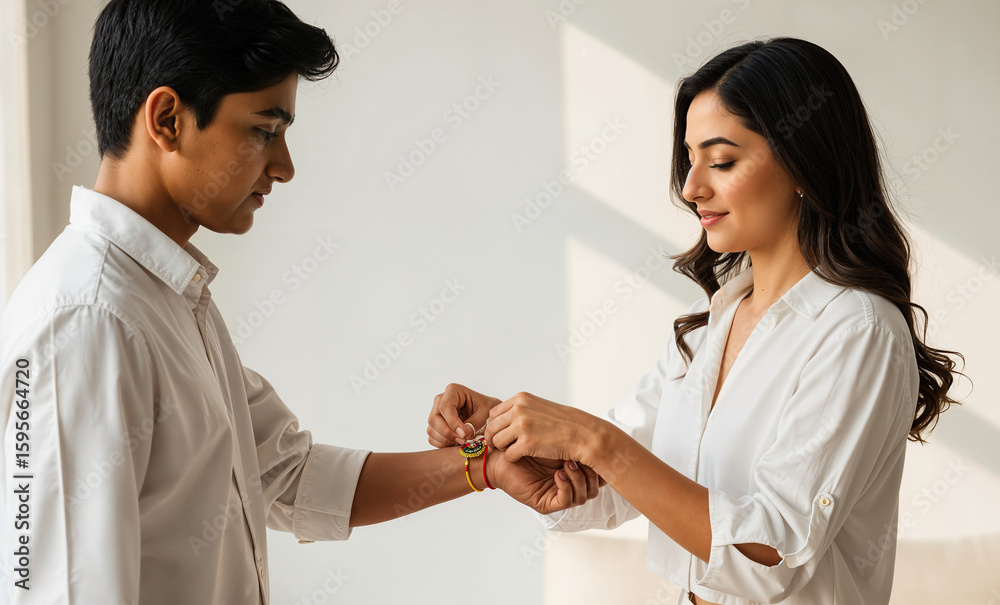 Fototapeta premium Elegant Raksha Bandhan Ritual in Serene White and Brown Home Interior