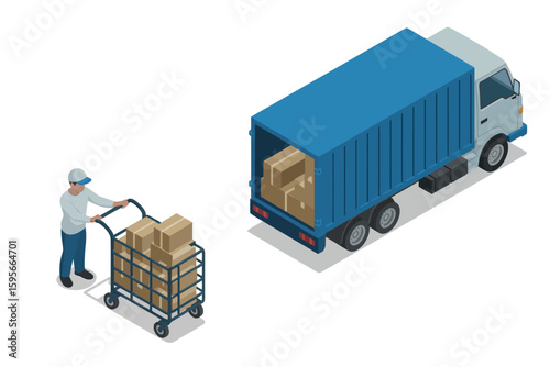 A delivery man pushing a cart full of boxes towards a truck with boxes inside on a white background