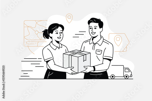 Delivery service illustration showing a man handing a package to a woman with delivery truck behind
