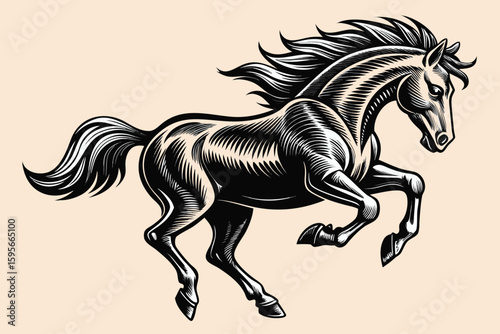 Engraved Style Illustration of a Running Horse in Black and White