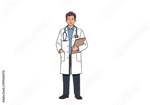 A smiling doctor stands holding a clipboard, ready to assist patients.