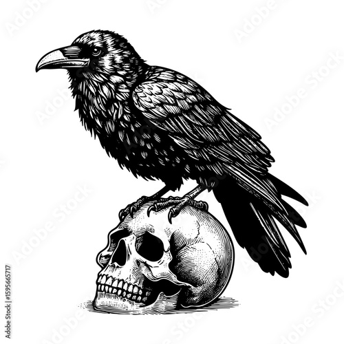 crow on skull sketch engraving black and white outline. Scratch board imitation.