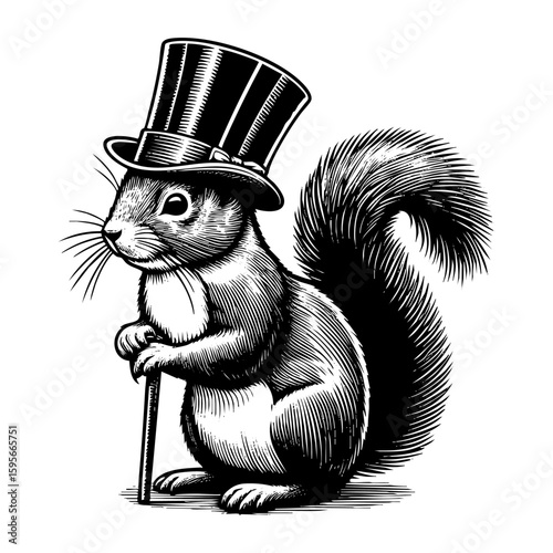 squirrel wear top hat sketch engraving black and white outline. Scratch board imitation.