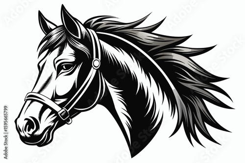 Elegant Black and White Horse Head Illustration with Bridle Detail