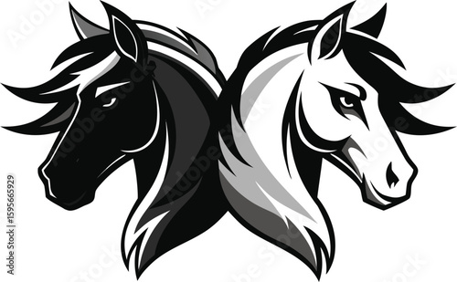 Two opposing horse heads in black and white stylized graphic design