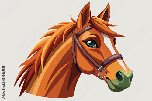 Elegant Horse Head Illustration with Bridle Brown Mane and Green Eyes