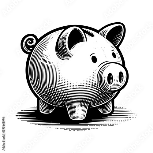 piggy bank sketch engraving black and white outline. Scratch board imitation.