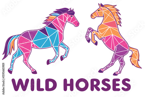 Geometric Wild Horses Illustration with Vibrant Colors and Modern Design Elements