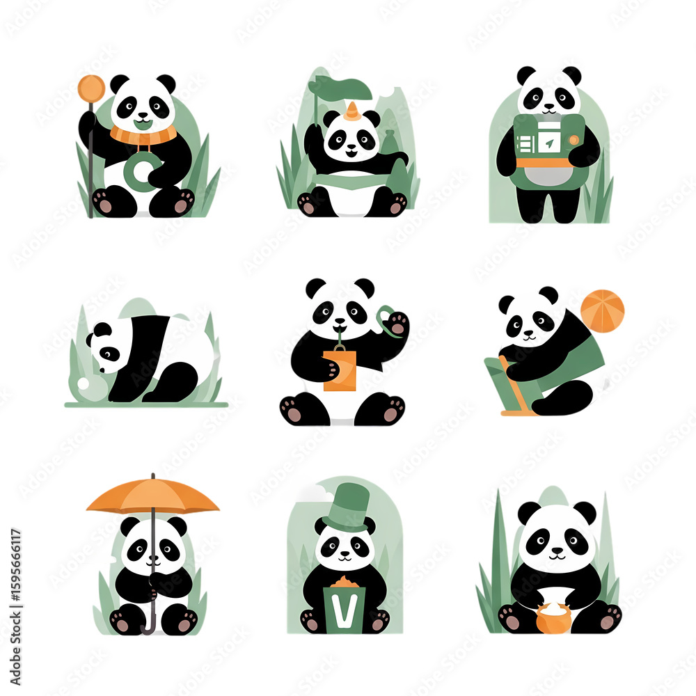 Naklejka premium Vector illustration of various pandas with food and objects in simple style