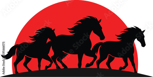 Silhouette of Running Horses Against a Red Sunset Vector Illustration