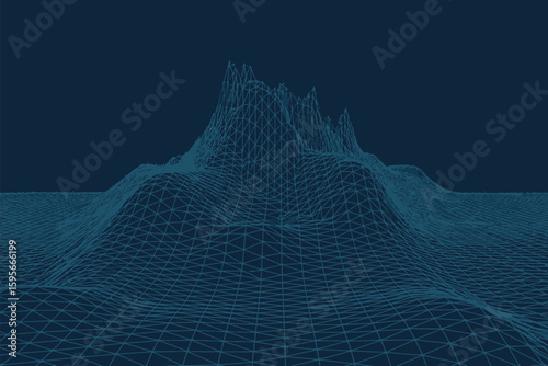 A wireframe landscape with mountain peaks rendered in blue against a solid dark blue background space