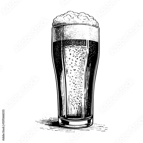 a glass of beer full of foam engraving black and white outline. Scratch board imitation.