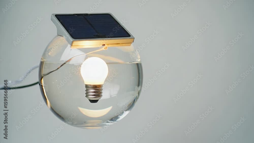 A solar panel powers a lightbulb suspended in a glass sphere filled with water